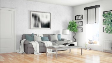 Modern parlak iç. 3D render