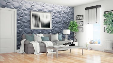 Modern parlak iç. 3D render