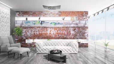 Modern parlak iç. 3D render