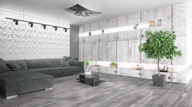 Modern parlak iç. 3D render