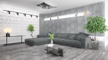 Modern parlak iç. 3D render