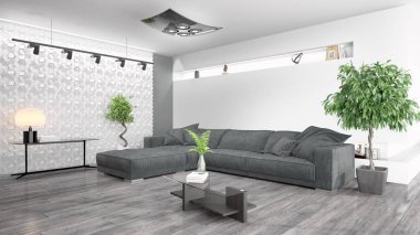 Modern parlak iç. 3D render