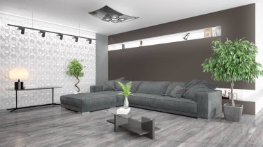 Modern parlak iç. 3D render