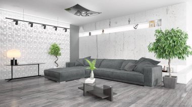 Modern parlak iç. 3D render