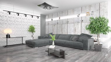 Modern parlak iç. 3D render