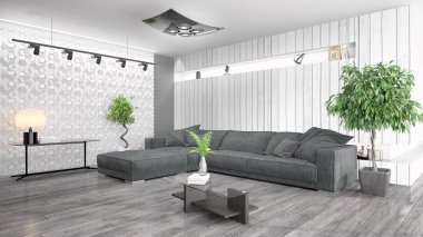 Modern parlak iç. 3D render