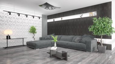 Modern parlak iç. 3D render