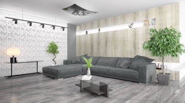 Modern parlak iç. 3D render