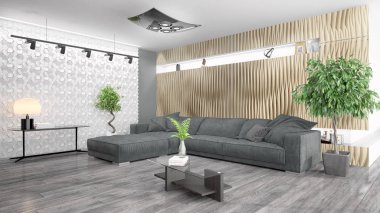 Modern parlak iç. 3D render