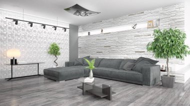 Modern parlak iç. 3D render