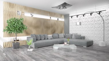 Modern parlak iç. 3D render