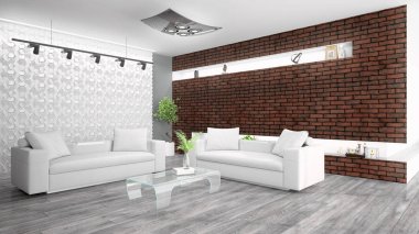 Modern parlak iç. 3D render