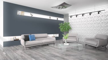 Modern parlak iç. 3D render