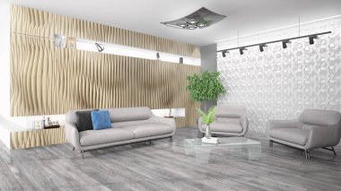 Modern parlak iç. 3D render