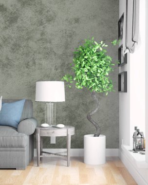 Modern parlak iç. 3D render