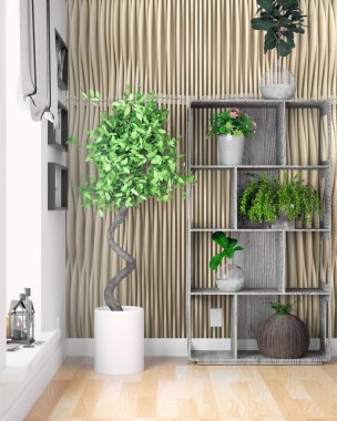 Modern parlak iç. 3D render