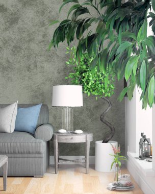 Modern parlak iç. 3D render