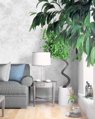 Modern parlak iç. 3D render