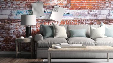 Modern parlak iç. 3D render