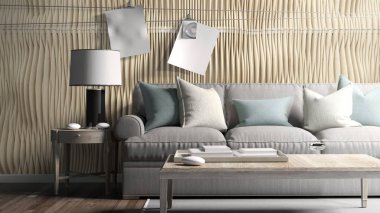 Modern parlak iç. 3D render