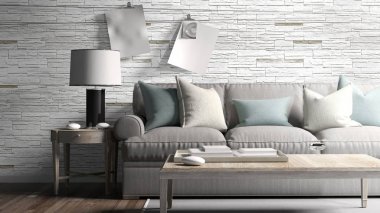 Modern parlak iç. 3D render