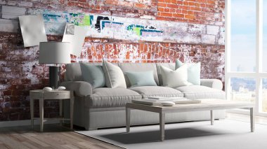 Modern parlak iç. 3D render