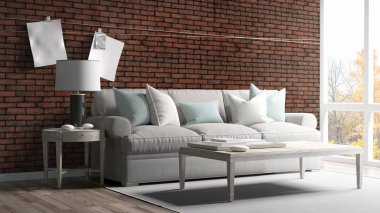 Modern parlak iç. 3D render