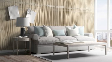 Modern parlak iç. 3D render