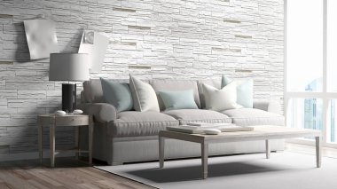 Modern parlak iç. 3D render