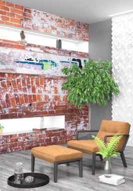 Modern parlak iç. 3D render