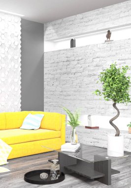 Modern parlak iç. 3D render