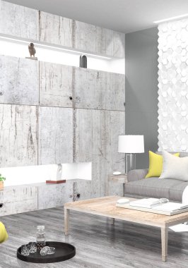 Modern parlak iç. 3D render