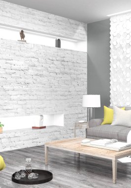 Modern parlak iç. 3D render