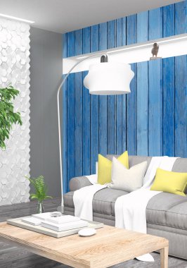 Modern parlak iç. 3D render