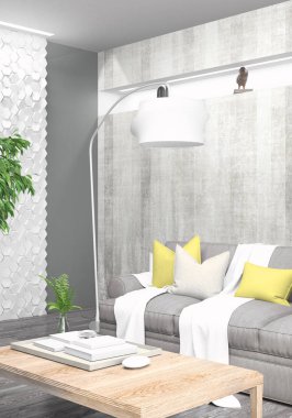 Modern parlak iç. 3D render