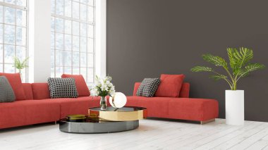 Modern parlak iç. 3D render