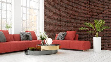 Modern parlak iç. 3D render