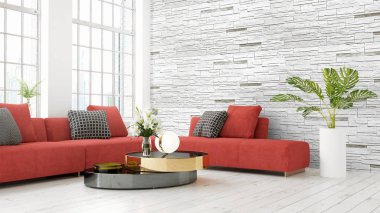 Modern parlak iç. 3D render