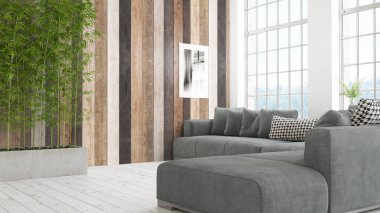 Modern parlak iç. 3D render