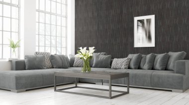 Modern parlak iç. 3D render