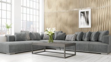 Modern parlak iç. 3D render