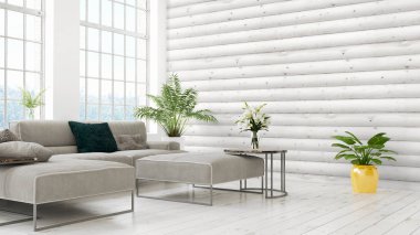 Modern parlak iç. 3D render