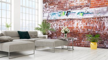 Modern parlak iç. 3D render