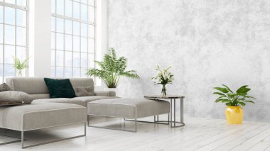 Modern parlak iç. 3D render