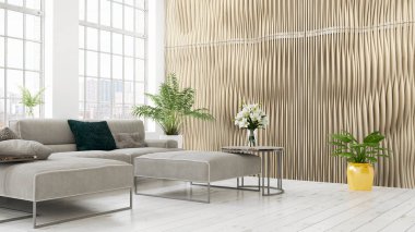 Modern parlak iç. 3D render