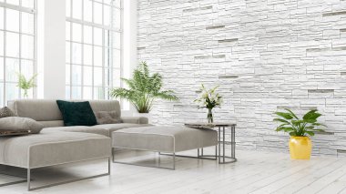 Modern parlak iç. 3D render