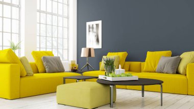 Modern parlak iç. 3D render