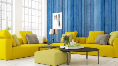 Modern parlak iç. 3D render