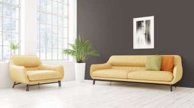 Modern parlak iç. 3D render