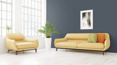 Modern parlak iç. 3D render